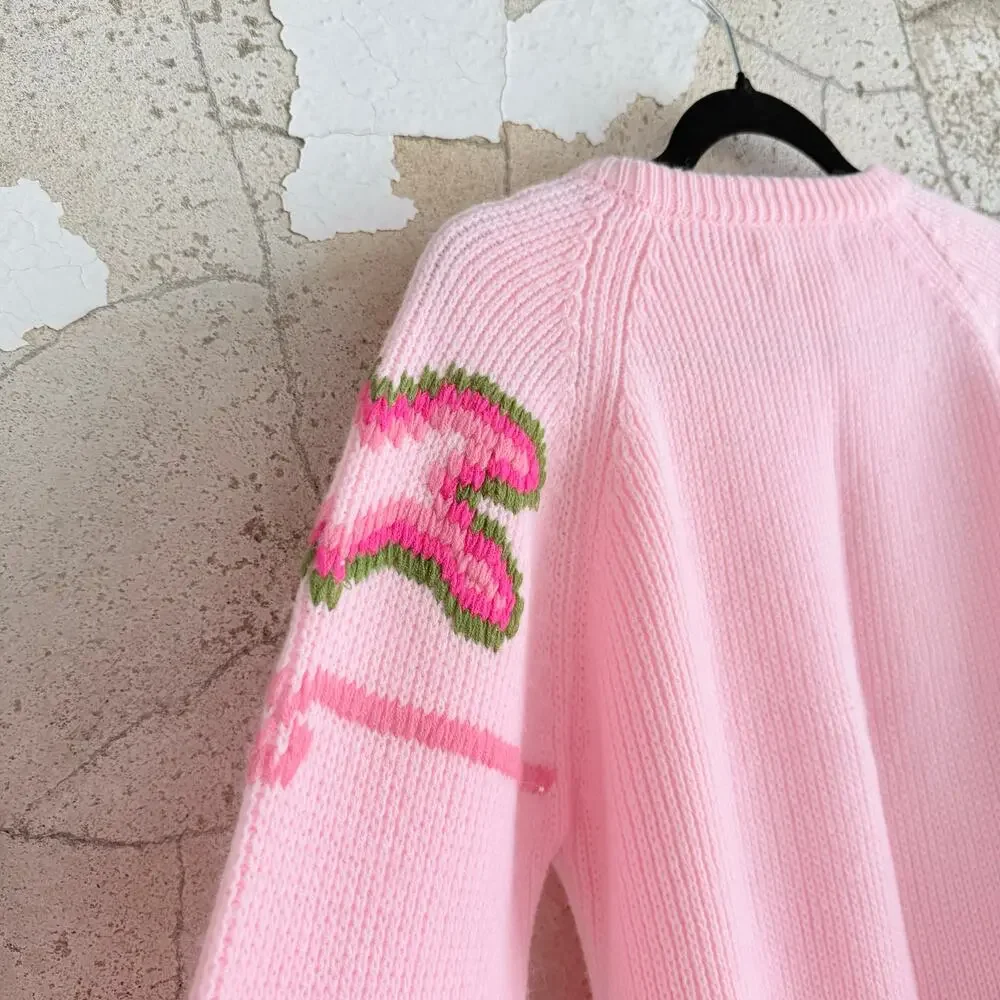 Vtg 80s Sweater Pink Textured Knit Green Pom Coquette Granny Cottagecore Women L - Picture 5 of 10